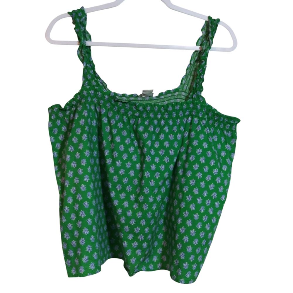 J. Crew Kelly Green Floral Smocked Ruffle Pajama Tank Top Size L